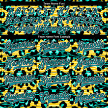 Laden Sie das Bild in den Galerie-Viewer, Custom Gold Teal-Black Leopard And Zebra Print 3D Pattern Design Bomber Full-Snap Varsity Letterman Jacket