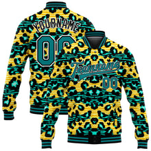 Laden Sie das Bild in den Galerie-Viewer, Custom Gold Teal-Black Leopard And Zebra Print 3D Pattern Design Bomber Full-Snap Varsity Letterman Jacket
