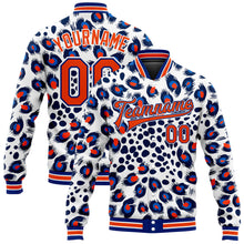 Laden Sie das Bild in den Galerie-Viewer, Custom White Orange-Royal Leopard Print 3D Pattern Design Bomber Full-Snap Varsity Letterman Jacket