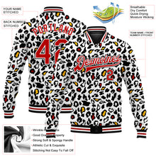Laden Sie das Bild in den Galerie-Viewer, Custom White Red-Black Bright Leopard Print 3D Pattern Design Bomber Full-Snap Varsity Letterman Jacket