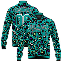 Laden Sie das Bild in den Galerie-Viewer, Custom Teal Black-White Leopard Print 3D Pattern Design Bomber Full-Snap Varsity Letterman Jacket