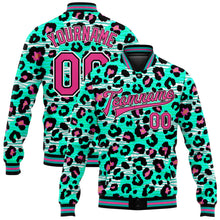 Laden Sie das Bild in den Galerie-Viewer, Custom Aqua Pink-Black Leopard Print 3D Pattern Design Bomber Full-Snap Varsity Letterman Jacket