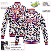 Laden Sie das Bild in den Galerie-Viewer, Custom White Purple-Orange Leopard Print 3D Pattern Design Bomber Full-Snap Varsity Letterman Jacket