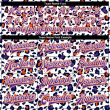 Laden Sie das Bild in den Galerie-Viewer, Custom White Purple-Orange Leopard Print 3D Pattern Design Bomber Full-Snap Varsity Letterman Jacket