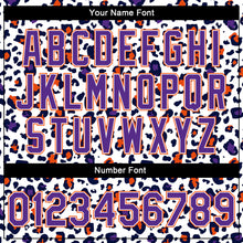 Laden Sie das Bild in den Galerie-Viewer, Custom White Purple-Orange Leopard Print 3D Pattern Design Bomber Full-Snap Varsity Letterman Jacket