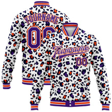 Laden Sie das Bild in den Galerie-Viewer, Custom White Purple-Orange Leopard Print 3D Pattern Design Bomber Full-Snap Varsity Letterman Jacket