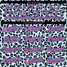 Laden Sie das Bild in den Galerie-Viewer, Custom Sky Blue Pink-Black Leopard Print 3D Pattern Design Bomber Full-Snap Varsity Letterman Jacket