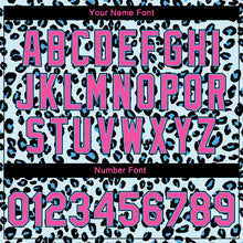 Laden Sie das Bild in den Galerie-Viewer, Custom Sky Blue Pink-Black Leopard Print 3D Pattern Design Bomber Full-Snap Varsity Letterman Jacket