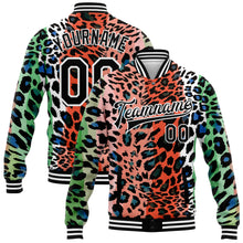 Laden Sie das Bild in den Galerie-Viewer, Custom Orange Black-White Leopard Print 3D Pattern Design Bomber Full-Snap Varsity Letterman Jacket