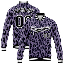 Laden Sie das Bild in den Galerie-Viewer, Custom Purple Black-White Leopard Print 3D Pattern Design Bomber Full-Snap Varsity Letterman Jacket