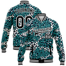 Laden Sie das Bild in den Galerie-Viewer, Custom Teal Black-White Leopard Print 3D Pattern Design Bomber Full-Snap Varsity Letterman Jacket