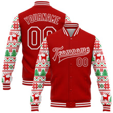 Load image into Gallery viewer, Custom Red White Christmas 3D Bomber Full-Snap Varsity Letterman Jacket
