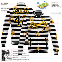 Загрузить изображение в средство просмотра галереи, Custom Black Gold-White Christmas Gold Snowflakes 3D Bomber Full-Snap Varsity Letterman Jacket