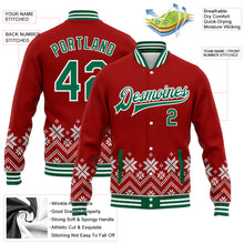 Загрузить изображение в средство просмотра галереи, Custom Red Kelly Green-White Christmas Snowflakes 3D Bomber Full-Snap Varsity Letterman Jacket