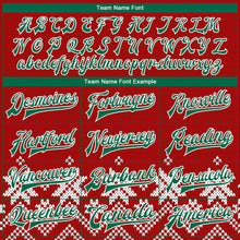 Загрузить изображение в средство просмотра галереи, Custom Red Kelly Green-White Christmas Snowflakes 3D Bomber Full-Snap Varsity Letterman Jacket