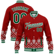 Загрузить изображение в средство просмотра галереи, Custom Red Kelly Green-White Christmas Snowflakes 3D Bomber Full-Snap Varsity Letterman Jacket