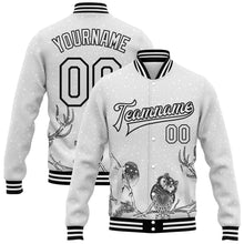 Laden Sie das Bild in den Galerie-Viewer, Custom White Black Merry Christmas Animals In Winter 3D Bomber Full-Snap Varsity Letterman Jacket