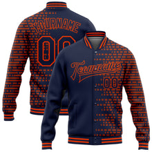 Laden Sie das Bild in den Galerie-Viewer, Custom Navy Orange Halftone 3D Pattern Design Bomber Full-Snap Varsity Letterman Jacket