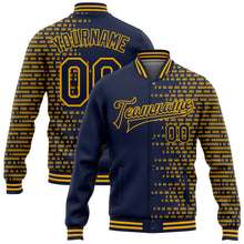 Load image into Gallery viewer, Custom Navy Gold Halftone 3D Pattern Design Bomber Full-Snap Varsity Letterman Jacket