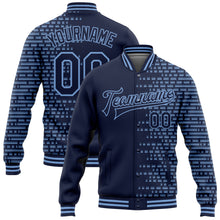 Laden Sie das Bild in den Galerie-Viewer, Custom Navy Light Blue Halftone 3D Pattern Design Bomber Full-Snap Varsity Letterman Jacket