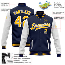 Charger l'image dans la galerie, Custom Navy Gold-White Bomber Full-Snap Varsity Letterman Two Tone Jacket