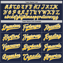Charger l'image dans la galerie, Custom Navy Gold-White Bomber Full-Snap Varsity Letterman Two Tone Jacket