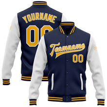 Charger l'image dans la galerie, Custom Navy Gold-White Bomber Full-Snap Varsity Letterman Two Tone Jacket