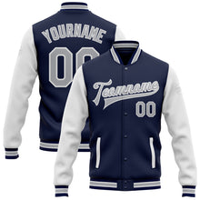 Charger l'image dans la galerie, Custom Navy Gray-White Bomber Full-Snap Varsity Letterman Two Tone Jacket