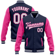 Загрузить изображение в средство просмотра галереи, Custom Navy White-Pink Bomber Full-Snap Varsity Letterman Two Tone Jacket