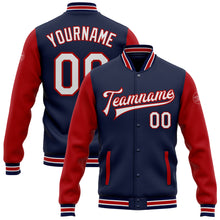 Загрузить изображение в средство просмотра галереи, Custom Navy White-Red Bomber Full-Snap Varsity Letterman Two Tone Jacket