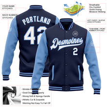Загрузить изображение в средство просмотра галереи, Custom Navy White-Light Blue Bomber Full-Snap Varsity Letterman Two Tone Jacket