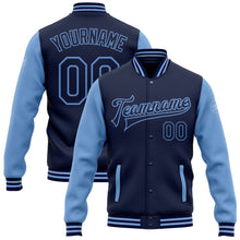 Загрузить изображение в средство просмотра галереи, Custom Navy Light Blue Bomber Full-Snap Varsity Letterman Two Tone Jacket