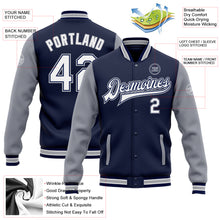 Загрузить изображение в средство просмотра галереи, Custom Navy White-Gray Bomber Full-Snap Varsity Letterman Two Tone Jacket
