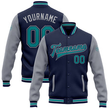 Загрузить изображение в средство просмотра галереи, Custom Navy Teal-Gray Bomber Full-Snap Varsity Letterman Two Tone Jacket