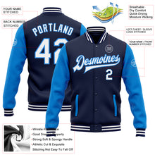 Load image into Gallery viewer, Custom Navy White-Electric Blue Bomber Full-Snap Varsity Letterman Two Tone Jacket
