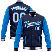 Загрузить изображение в средство просмотра галереи, Custom Navy White-Powder Blue Bomber Full-Snap Varsity Letterman Two Tone Jacket