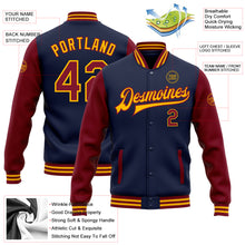 Загрузить изображение в средство просмотра галереи, Custom Navy Crimson-Gold Bomber Full-Snap Varsity Letterman Two Tone Jacket