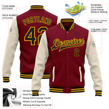 Загрузить изображение в средство просмотра галереи, Custom Crimson Black Cream-Gold Bomber Full-Snap Varsity Letterman Two Tone Jacket