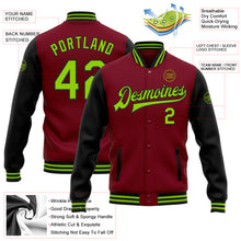 Charger l'image dans la galerie, Custom Crimson Neon Green-Black Bomber Full-Snap Varsity Letterman Two Tone Jacket