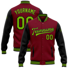 Charger l'image dans la galerie, Custom Crimson Neon Green-Black Bomber Full-Snap Varsity Letterman Two Tone Jacket