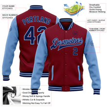 Load image into Gallery viewer, Custom Crimson Navy-Light Blue Bomber Full-Snap Varsity Letterman Two Tone Jacket
