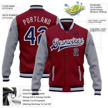Load image into Gallery viewer, Custom Crimson Navy-Gray Bomber Full-Snap Varsity Letterman Two Tone Jacket