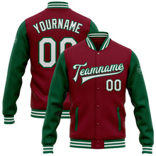 Загрузить изображение в средство просмотра галереи, Custom Crimson White-Kelly Green Bomber Full-Snap Varsity Letterman Two Tone Jacket