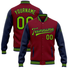 Charger l'image dans la galerie, Custom Crimson Neon Green-Navy Bomber Full-Snap Varsity Letterman Two Tone Jacket