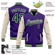 Загрузить изображение в средство просмотра галереи, Custom Purple Green-Cream Bomber Full-Snap Varsity Letterman Two Tone Jacket