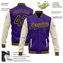 Load image into Gallery viewer, Custom Purple Black Cream-Old Gold Bomber Full-Snap Varsity Letterman Two Tone Jacket
