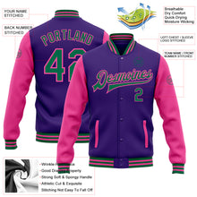 Load image into Gallery viewer, Custom Purple Kelly Green-Pink Bomber Full-Snap Varsity Letterman Two Tone Jacket
