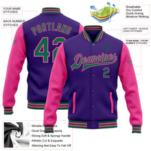Загрузить изображение в средство просмотра галереи, Custom Purple Kelly Green-Pink Bomber Full-Snap Varsity Letterman Two Tone Jacket