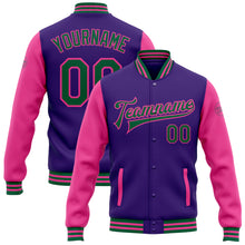 Загрузить изображение в средство просмотра галереи, Custom Purple Kelly Green-Pink Bomber Full-Snap Varsity Letterman Two Tone Jacket