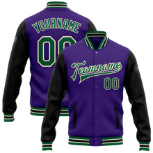 Charger l'image dans la galerie, Custom Purple Kelly Green Black-Cream Bomber Full-Snap Varsity Letterman Two Tone Jacket